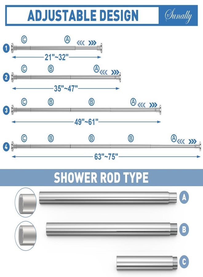 SUNALLY Shower Curtain Rod Adjustable 32-75 Inch, Spring Tension Shower Curtain Rods Stainless Steel Telescoping Curtain Rod for Bathroom or Windows, No Drilling, No Slip, No Rust, Chrome - Image 2